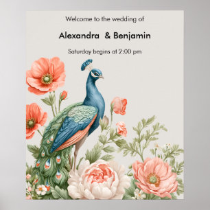 Poster Pavão de Casamento Botânico Arte Floral Vintage
