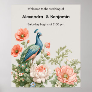 Poster Pavão de Casamento Botânico   Arte Floral Vintage