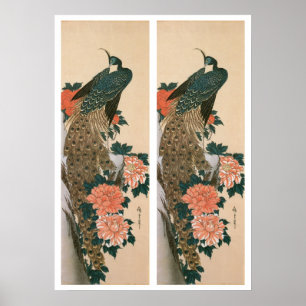Pôster Pavão e peônias por Hiroshige, arte japonesa