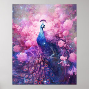 Poster Pavão Elegante e Flores Rosa