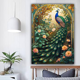 Poster Pavão em Janela Revival Vintage Nouveau