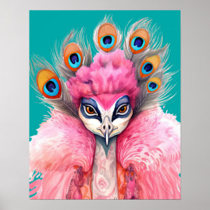 Poster Pavão rosa na pele Retrato Arte de Moda Animal
