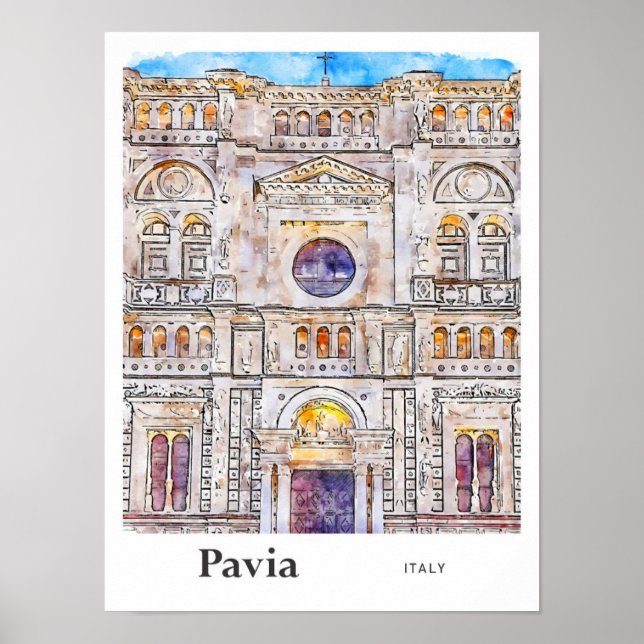 Poster Pavia Itália Viagem Watercolor Drawn (Frente)