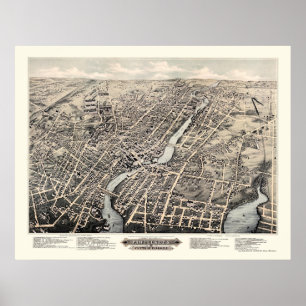 Pôster Pawtucket, mapa panorâmico de RI - 1877