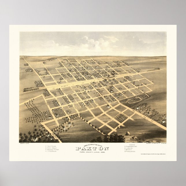 Pôster Paxton, Mapa Panorâmico IL - 1869 (Frente)