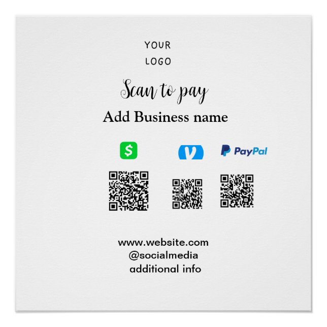 Pôster Paypal Cashapp venmo scanear para pagar QR adicion (Frente)