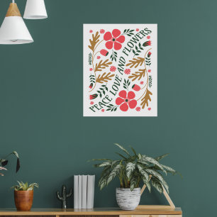Poster Paz Amor e Flores Floral Retro