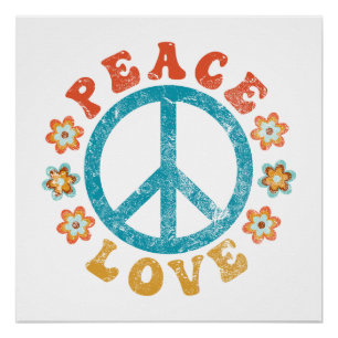 Pôster Paz & Amor - Sinal de Paz Hippie Com Flores