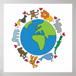 Poster Paz e Amor Animais de Desenho Animado Fofos do Mun