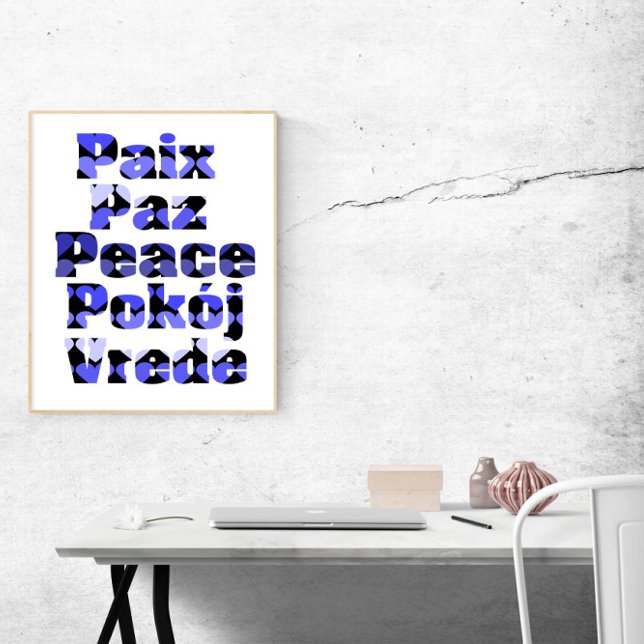 Poster Paz em Muitos Idiomas Corações Azuis (A poster that says peace with blue hearts in a variety of languages)