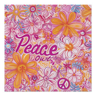 Pôster Paz Fora Floral Sinal de Paz Hippie Padrão Retro