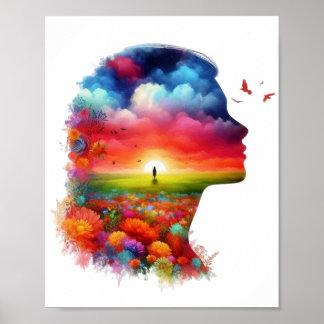 Poster Paz Interior: Vibrante Pôr do Sol e Paisagem Menta