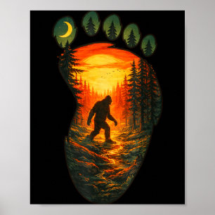Poster Pé de Bigfoot Vintage Floresta do Pôr do Sol Sasqu