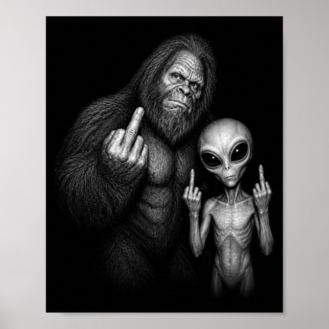 Poster Pé Grande Sasquatch Alien Espacial Dedo do Meio  (Frente)