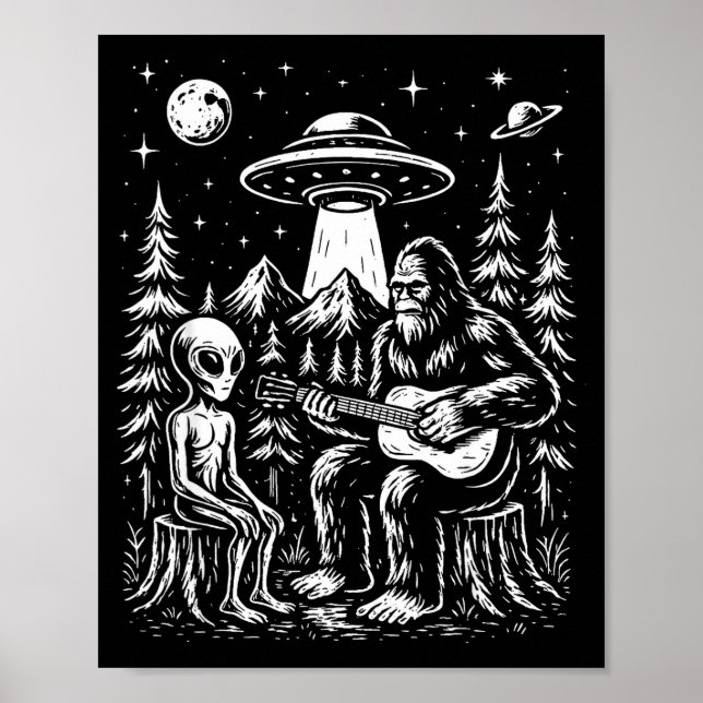 Poster Pé-grande tocando guitarra com alienígena e óvni (Frente)