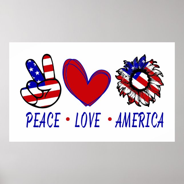 Poster Peace Love America Patriotic Flag Heart Sunflower (Frente)