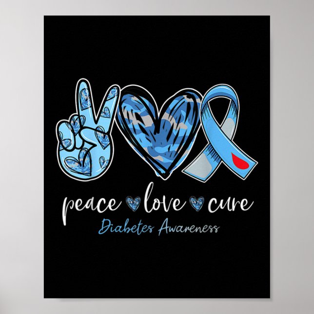 Poster Peace Love Cure Blue Ribbon Diabetes Mon (Frente)