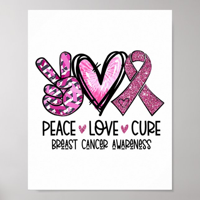 Poster Peace Love Cure Pink Ribbon Breast Awarenes - Canc (Frente)