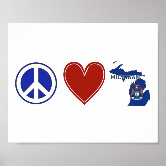 Pôster Peace Love Michigan with State Shaped Flag (Frente)