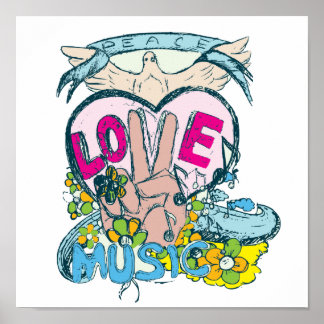 Poster peace love music retro hippie vetor art