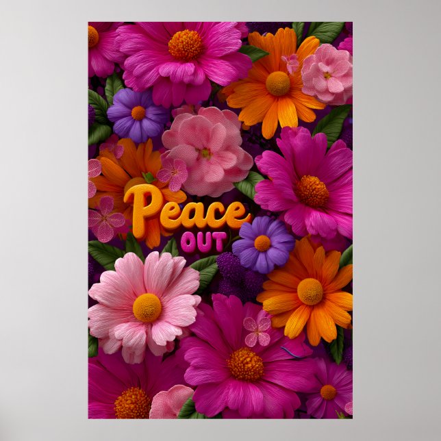 Poster Peace Out Hippie Floral Neon Peace Sign Pattern (Frente)