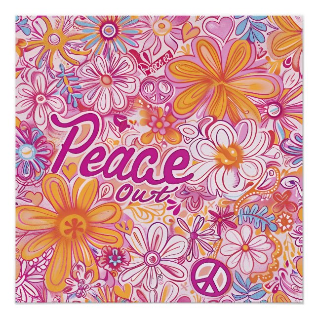 Pôster Peace Out Hippie Floral Peace Sign Retro Pattern (Frente)