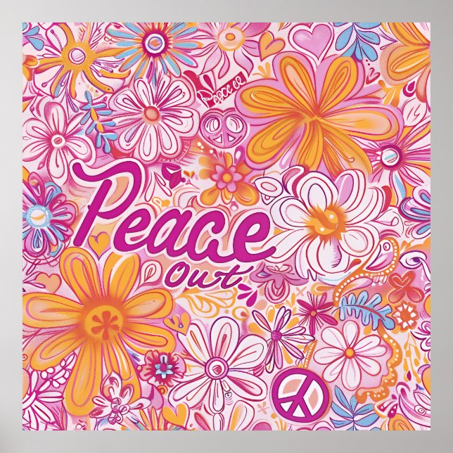 Poster Peace Out Hippie Floral Peace Sign Retro Pattern (Frente)