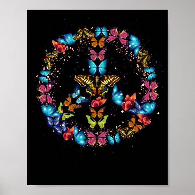 Poster Peace Sign Butterflies 60s Retro World 70s Hippie (Frente)