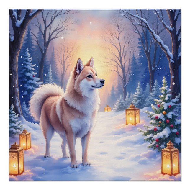 Pôster Peaceful Akita on Snow Lantern Path Christmas Dog  (Frente)