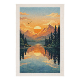 Pôster Peaceful Alpine Lake Sunset Retro Travel Poster
