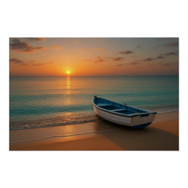 Pôster Peaceful Golden Sunset with Boat on Beach Poster (Frente)