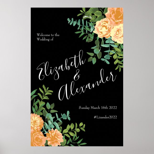 Poster Peach Black Floral Wedding Elegante (Frente)