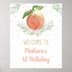 Poster Peach Dourado Floral Birthday Bem-vindo