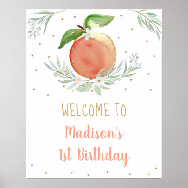 Poster Peach Dourado Floral Birthday Bem-vindo (Frente)