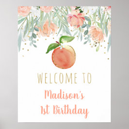 Poster Peach Dourado Floral Birthday Bem-vindo
