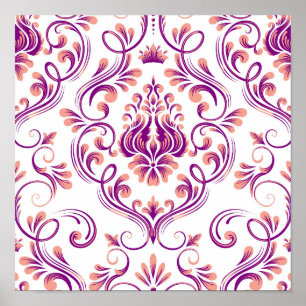 Poster Peach e Damasco Roxo Padrão Floral Elegante
