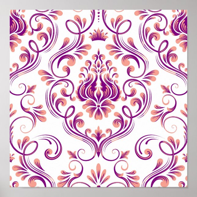 Poster Peach e Damasco Roxo Padrão Floral Elegante (Frente)