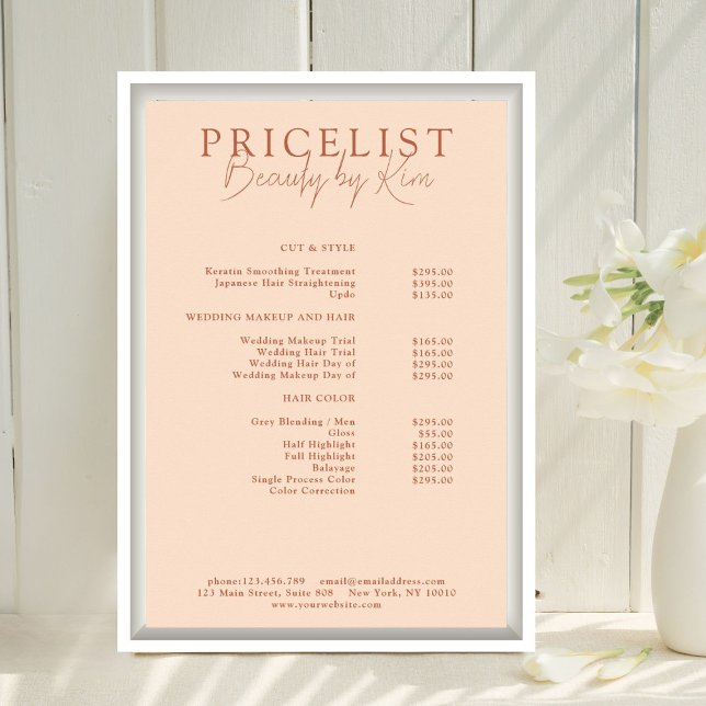 Poster Peach, Elegante, Lista de Preços do Salão (Personalized, Peach, Elegant, Salon Price List Poster)