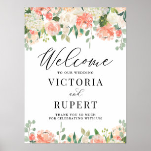 Poster Peach Ivory Peony e Hydrangea Wedding Bem-vindo