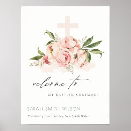 Poster Peach Peony Floral Cross Bunch Baptism Bem-vindo