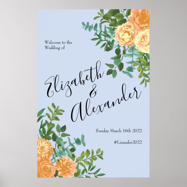 Poster Peach Rosas Azuis De Casamento Floral (Frente)
