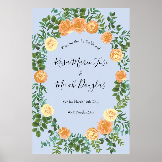 Poster Peach Rosas Azuis De Casamento Floral (Frente)