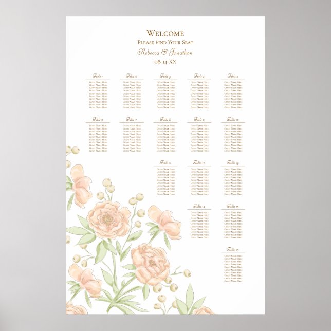 Poster Peach Rose Wedding Seating Chart (Frente)