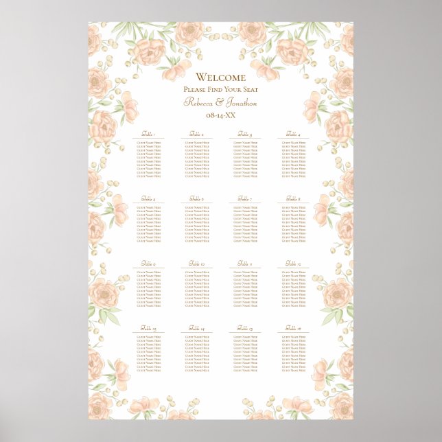 Poster Peach Rose Wedding Seating Chart (Frente)
