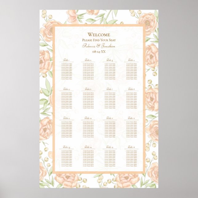 Poster Peach Rose Wedding Seating Chart (Frente)