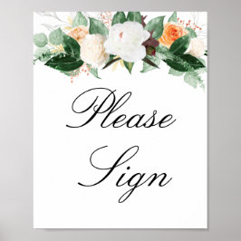 Poster Peach Watercolor Floral Assinar Casamento