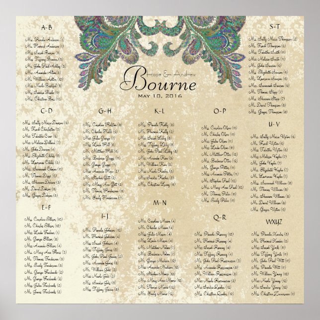 Pôster Peacock Colors - 100 to 150 guests - alphabetical (Frente)