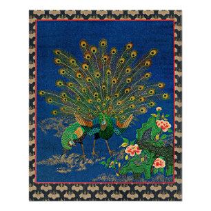 Pôster Peacock e Peahen, ilustração japonesa,