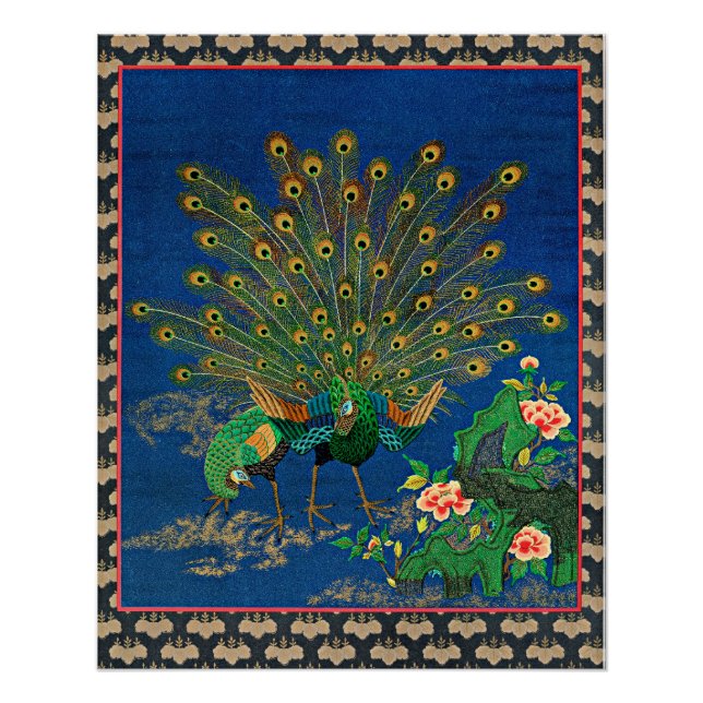 Pôster Peacock e Peahen, ilustração japonesa, (Frente)