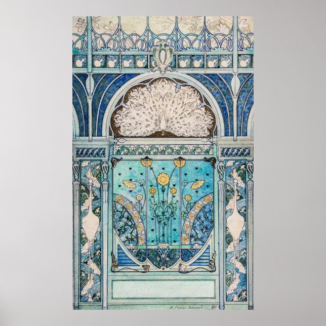 Poster Peacock, gruas e girassóis Vintage Design (Frente)